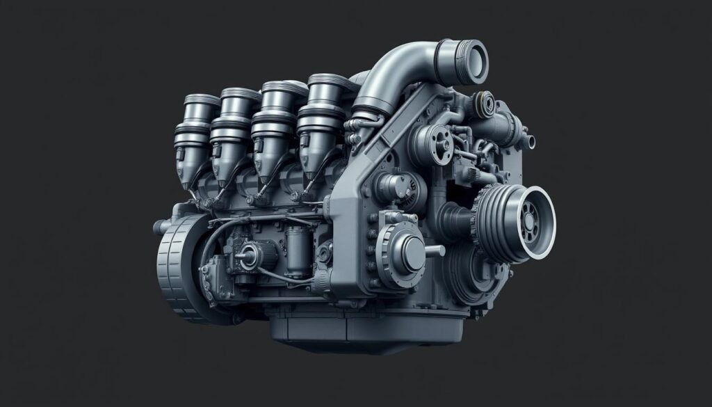A high-performance V10 diesel engine, its intricate mechanical components on display in a sleek, technical illustration. The engine block is rendered in exacting detail, with exposed pistons, crankshaft, and turbocharger visible. Muted grays and metallic tones create a sense of industrial power, while subtle highlights and shadows accentuate the engine's complex architecture. The composition places the engine in a three-quarter view, allowing for a comprehensive understanding of its internal structure and engineering. The overall tone is one of precision, performance, and technological mastery - a fitting visual representation of the Audi R15 TDi's potent diesel powertrain.