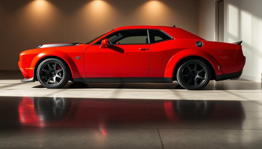 A sleek, muscular Dodge Challenger Demon in a striking red paint scheme, parked in a modern, well-lit showroom. The car's aggressive, low-slung profile and distinctive hood scoop command attention, casting dramatic shadows on the polished concrete floor. The Demon's menacing appearance is accentuated by its wide, flared fenders and large, high-performance tires. The lighting is carefully designed, with soft, warm tones highlighting the car's sculpted bodywork and chrome accents. The background is minimalist, allowing the Demon to be the sole focus, conveying a sense of power, exclusivity, and the premium nature of this American supercar icon.