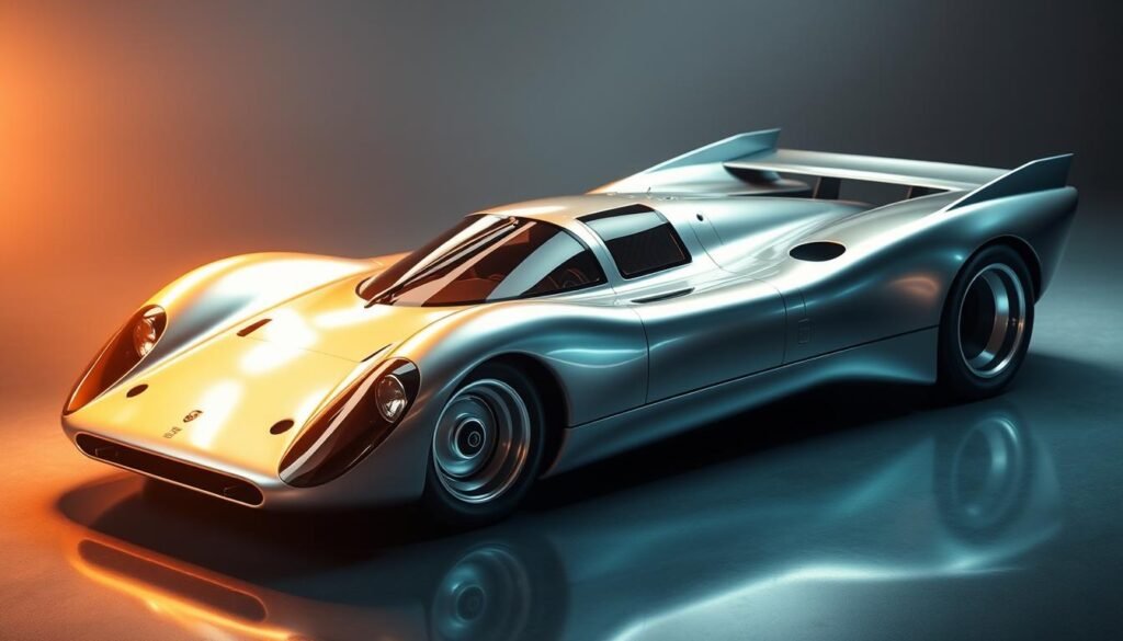 An innovative, aerodynamic design in the style of a Porsche 917K race car. The sleek, streamlined body features sharp angles and sculpted curves, with a low-slung profile and a long, tapered nose. The surface is a glossy, metallic silver that reflects the light, creating a sense of speed and power. The car sits low to the ground on large, wide tires, and the rear wing is angled to maximize downforce. The lighting is dramatic, with a warm, golden glow from the front and a cool, blue tint from the sides, creating a sense of tension and dynamism. The composition is balanced, with the car taking up the majority of the frame, and the background is blurred, keeping the focus on the innovative design.
